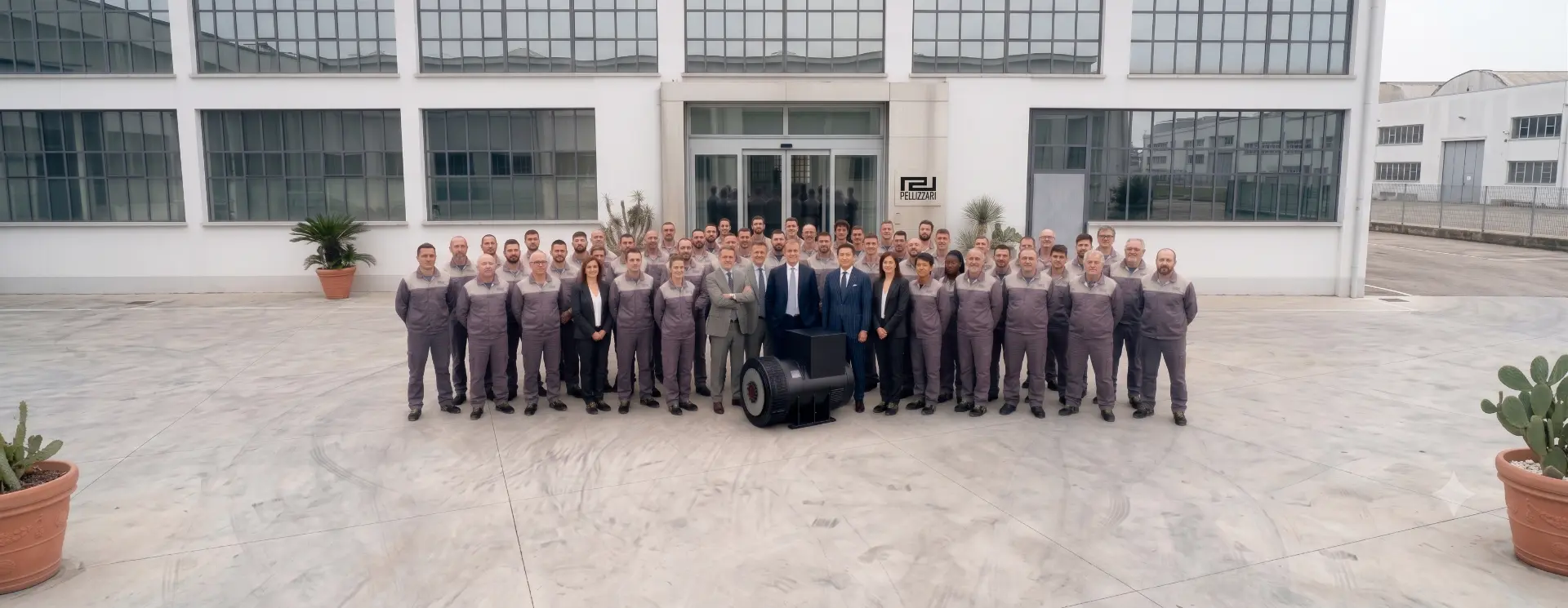 Pellizzari team and management in front of the company headquarters